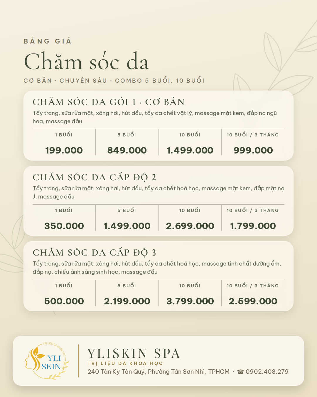 Bảng giá chăm sóc da