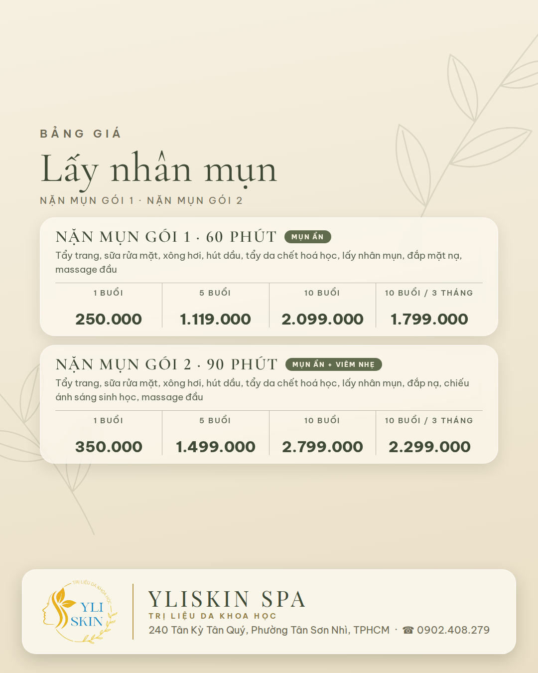 Bảng giá lấy nhân mụn
